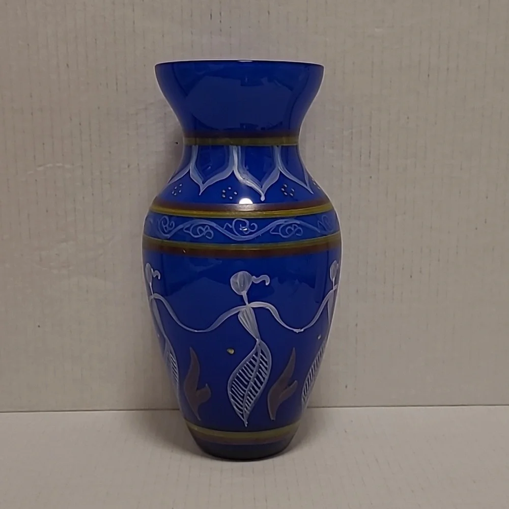 Vintage Colbalt Blue Handpainted Glass Vase